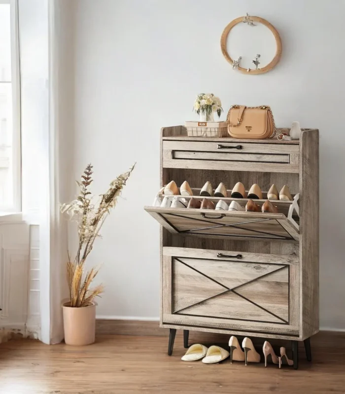 Ridgeline Slim Flip-Shoe Cabinet, 3 Tiers with Top Drawer - Rustic Entryway