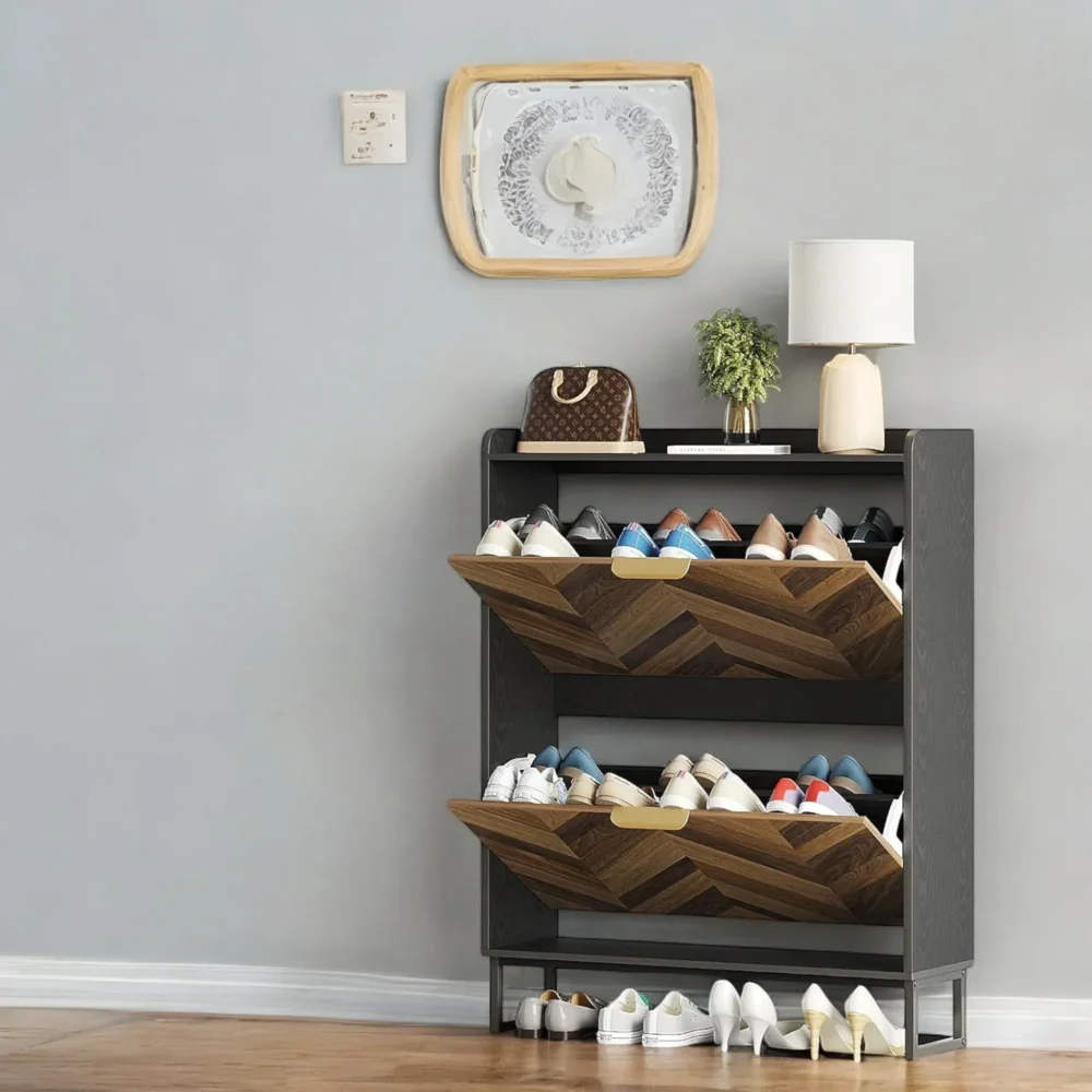 Aria Herringbone Wood Shoe Cabinet - Modern Entry Storage
