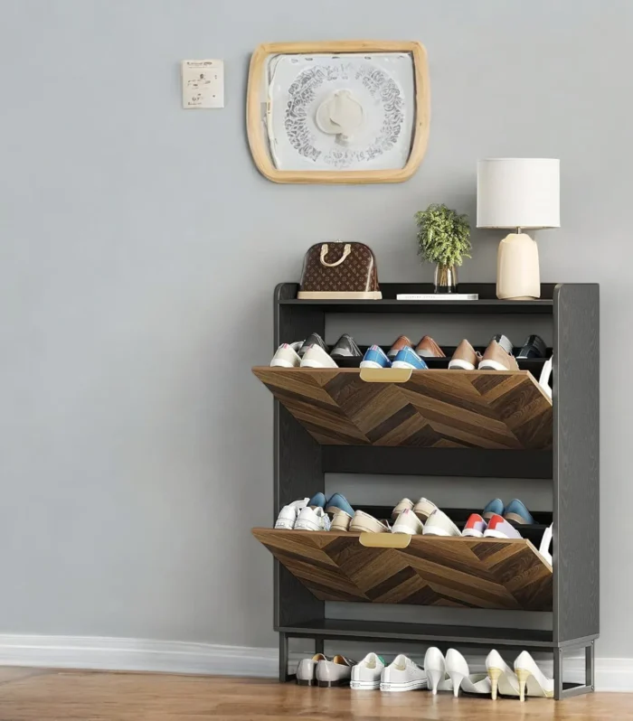 Aria Herringbone Wood Shoe Cabinet - Modern Entry Storage