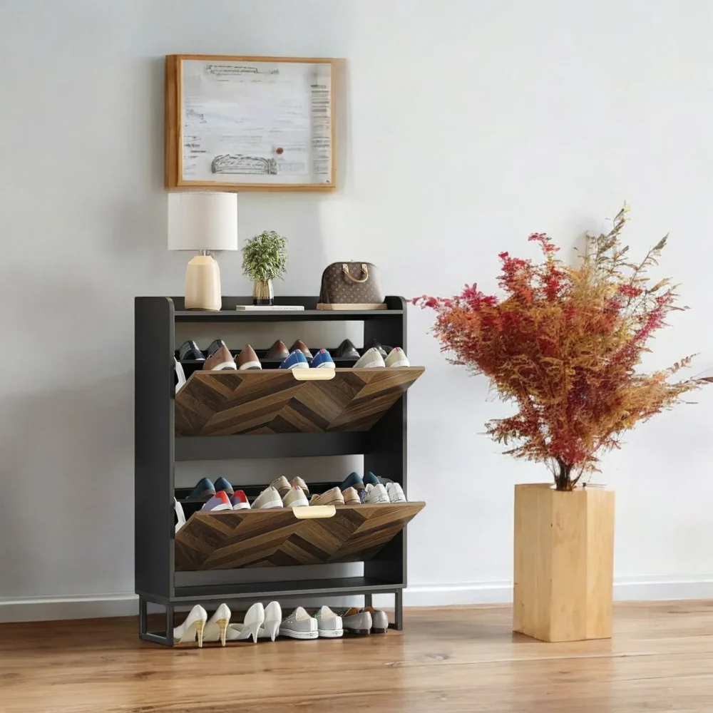 Aria Herringbone Wood Shoe Cabinet - Modern Entry Storage - Image 2