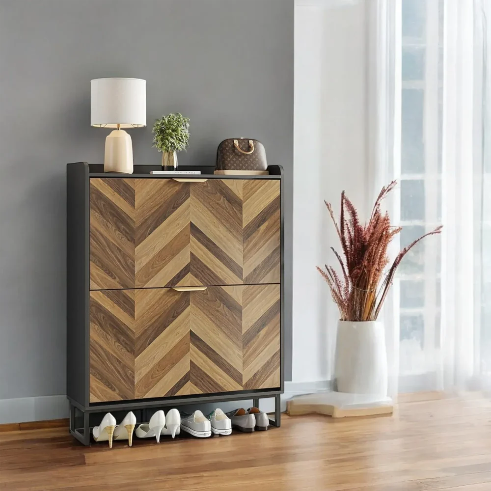 Aria Herringbone Wood Shoe Cabinet - Modern Entry Storage - Image 3