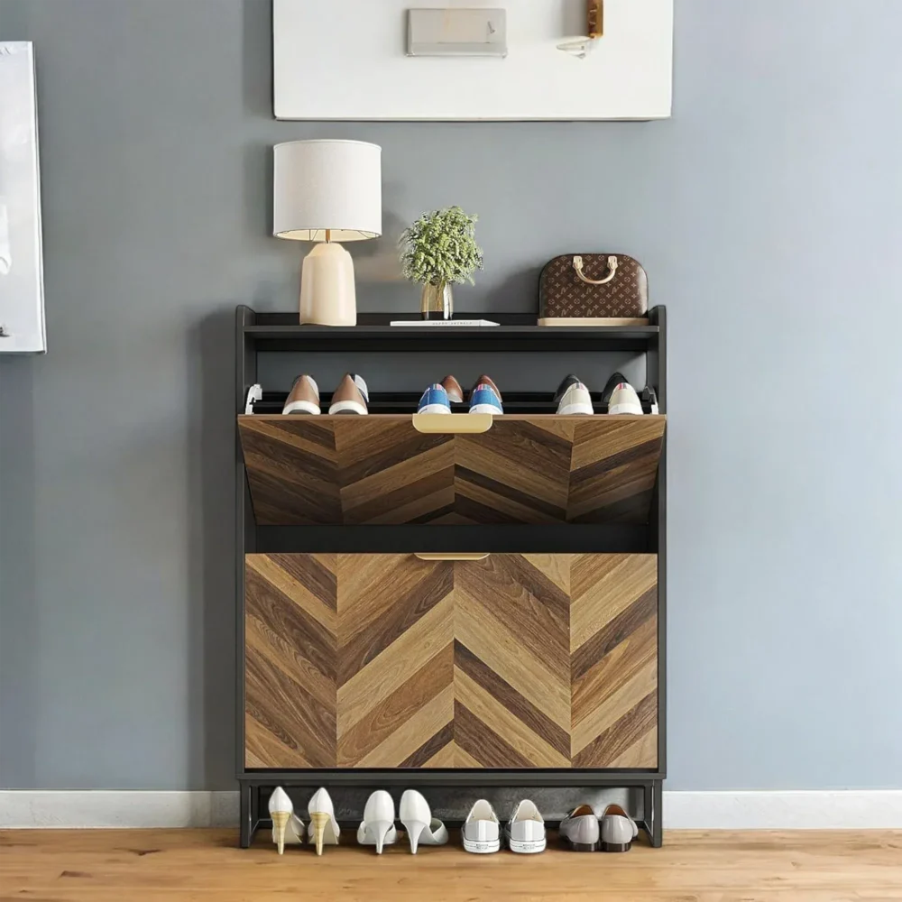 Aria Herringbone Wood Shoe Cabinet - Modern Entry Storage - Image 6