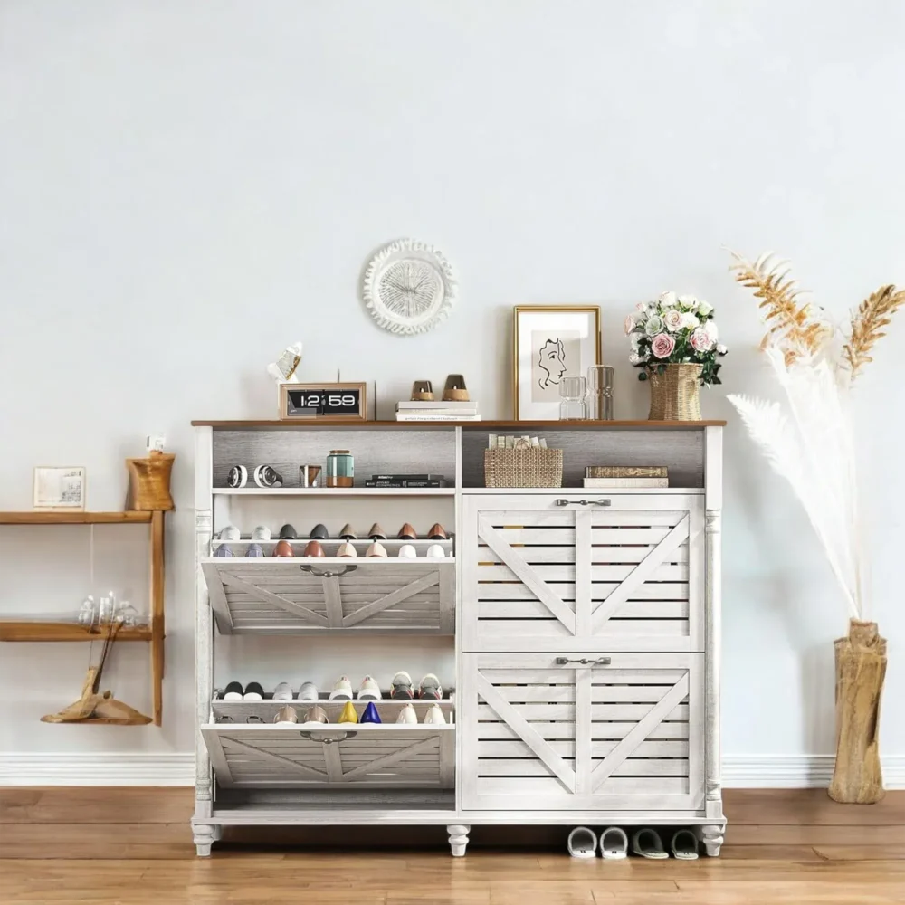 Homestead Flip-Drawer Shoe Cabinet - Farmhouse Rustic Entryway - Image 5