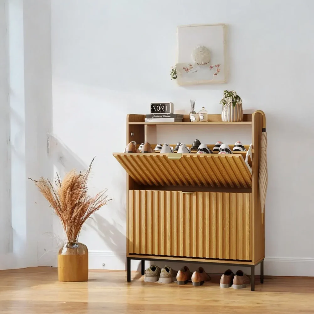 Strata Wood-Grain Flip-Drawer Shoe Cabinet - Modern Compact Storage
