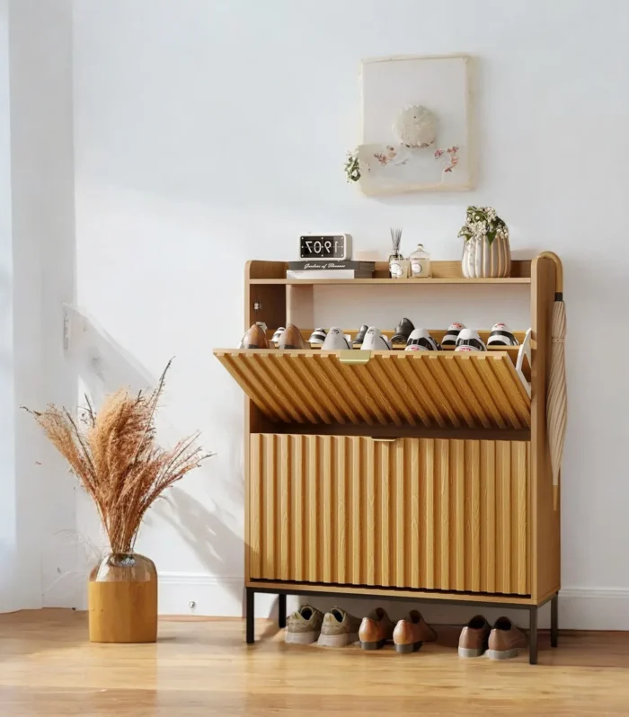 Strata Wood-Grain Flip-Drawer Shoe Cabinet - Modern Compact Storage