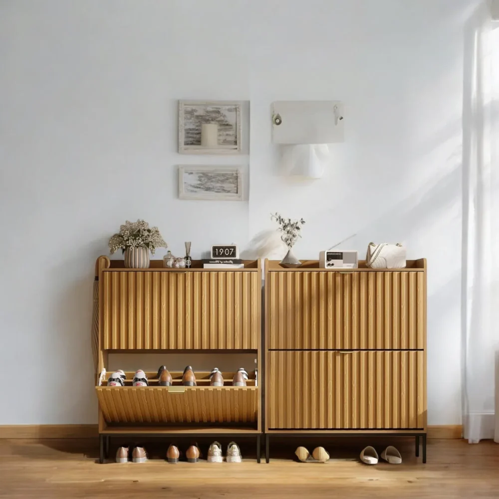 Strata Wood-Grain Flip-Drawer Shoe Cabinet - Modern Compact Storage - Image 6