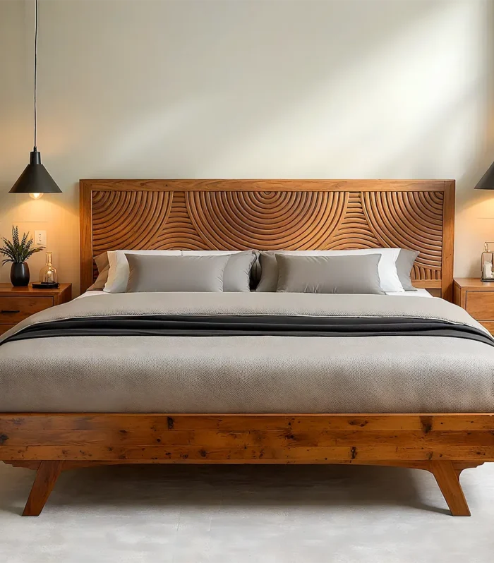 Orbit Carved Solid-Wood Bed - Circular Motif Headboard